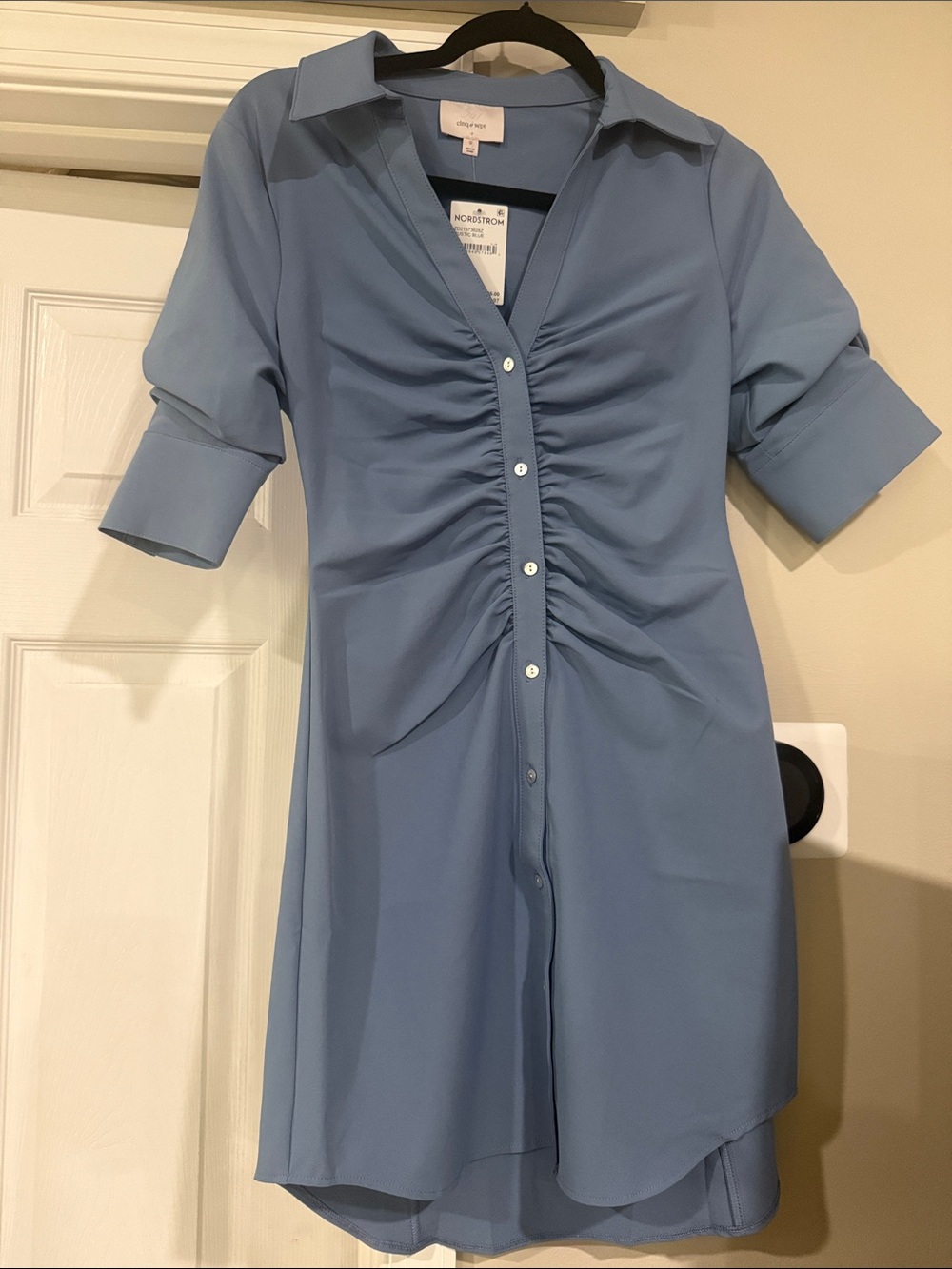 cinq a sept Dusty Blue Ruched Button-Front Midi Dress